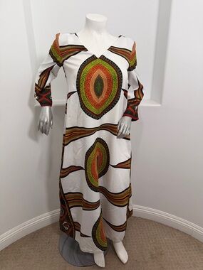 Afra-Tique Vintage White Multicolor Maxi Dress with Geometric Print